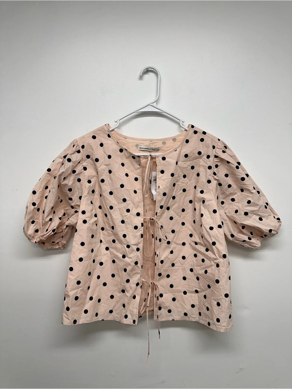 Abercrombie & Fitch Puff-Sleeve Tie-Front Polka Dot Blouse - Pink